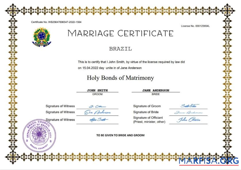Realistic Brazil marriage certificate Word and PDF template